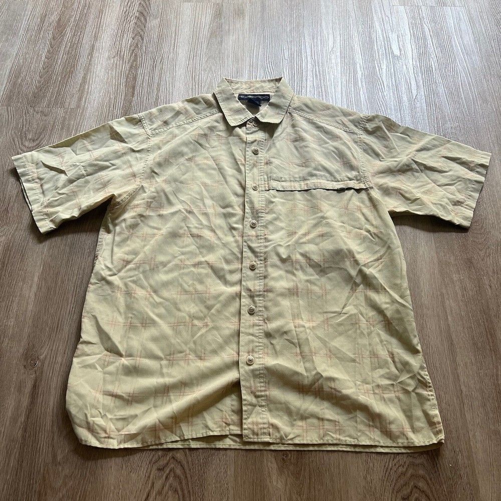 Exofficio Polyester Blend Beige Plaid Button Down Vented Shirts Mens Medium